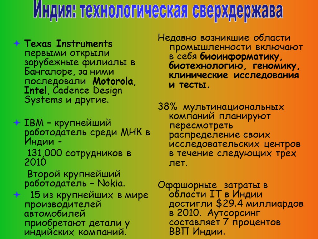 Texas Instruments первыми открыли зарубежные филиалы в Бангалоре, за ними последовали Motorola, Intel, Cadence